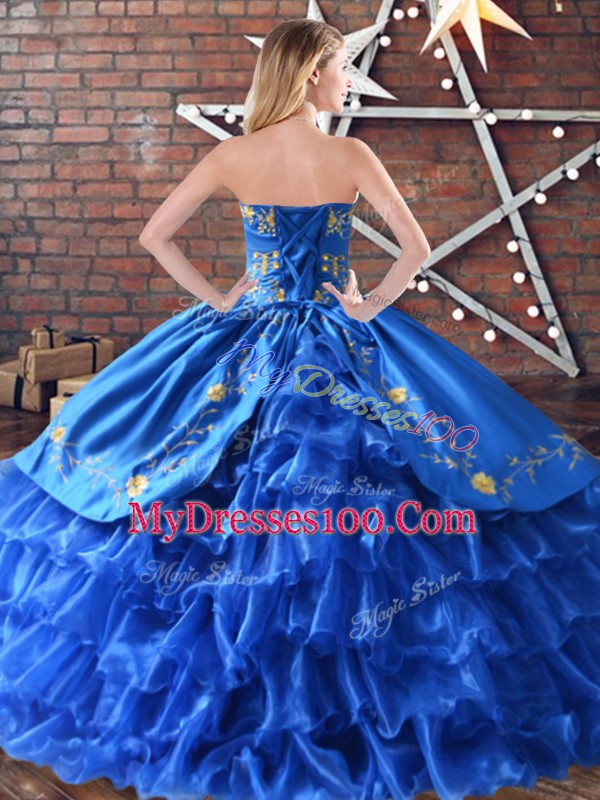 Wonderful Gold Organza Lace Up Sweetheart Sleeveless Floor Length Quinceanera Dresses Embroidery and Ruffled Layers