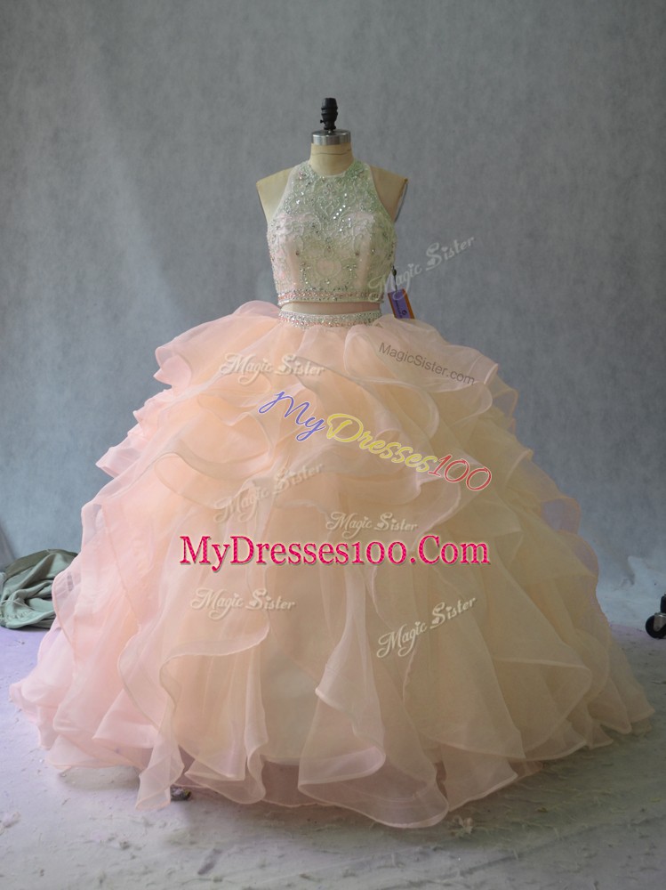 Fashionable Peach Sleeveless Organza Backless Quince Ball Gowns for Sweet 16 and Quinceanera