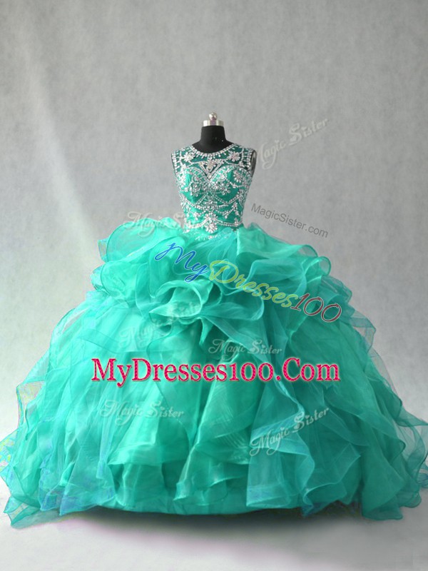 Turquoise Scoop Lace Up Beading and Ruffles Quinceanera Dress Sleeveless