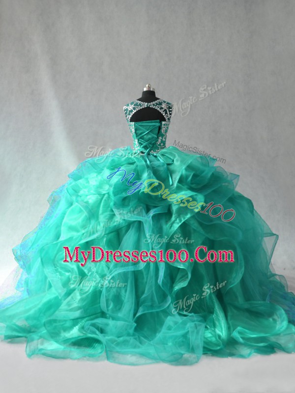 Turquoise Scoop Lace Up Beading and Ruffles Quinceanera Dress Sleeveless