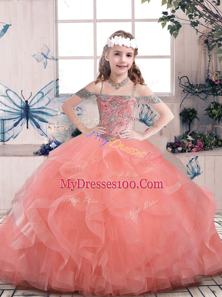 Watermelon Red Tulle Lace Up Straps Sleeveless Floor Length Child Pageant Dress Beading and Ruffles