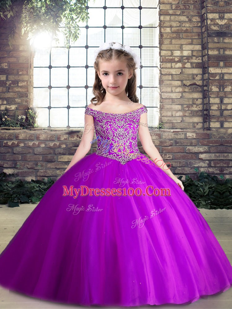 Affordable Purple Little Girls Pageant Dress Wholesale Party and Military Ball and Wedding Party with Beading Off The Shoulder Sleeveless Lace Up