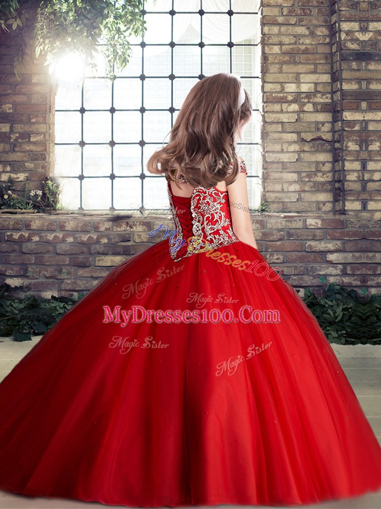 Affordable Purple Little Girls Pageant Dress Wholesale Party and Military Ball and Wedding Party with Beading Off The Shoulder Sleeveless Lace Up