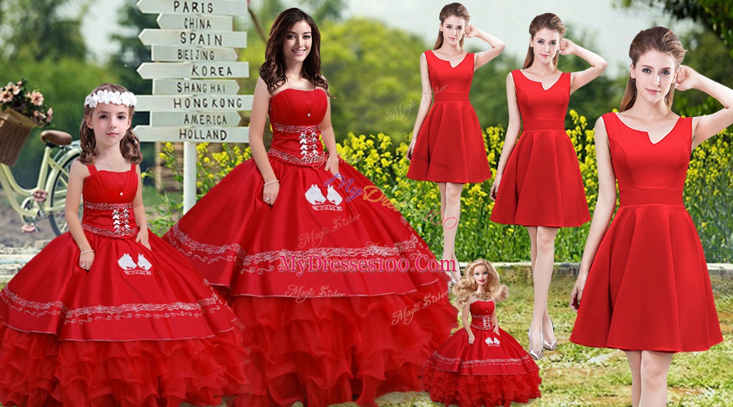 Red Satin and Organza Lace Up Quinceanera Gown Sleeveless Floor Length Embroidery and Ruffles