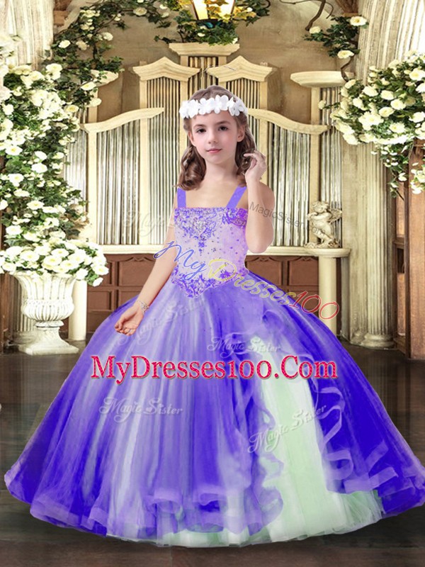 Ball Gowns Child Pageant Dress Lavender Straps Tulle Sleeveless Floor Length Lace Up