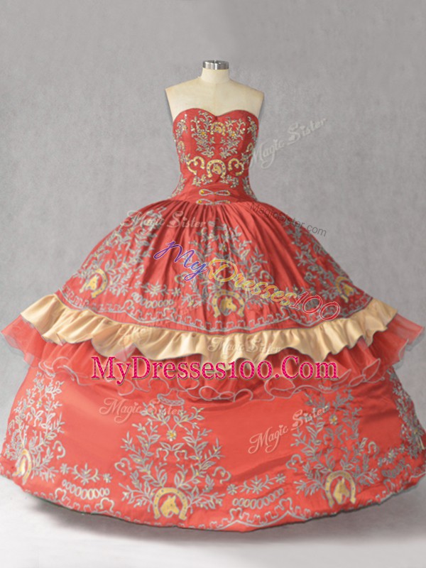 Nice Rust Red Lace Up 15 Quinceanera Dress Embroidery and Bowknot Sleeveless Floor Length