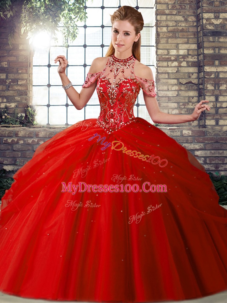 Cute Red Ball Gowns Beading and Pick Ups 15th Birthday Dress Lace Up Tulle Sleeveless