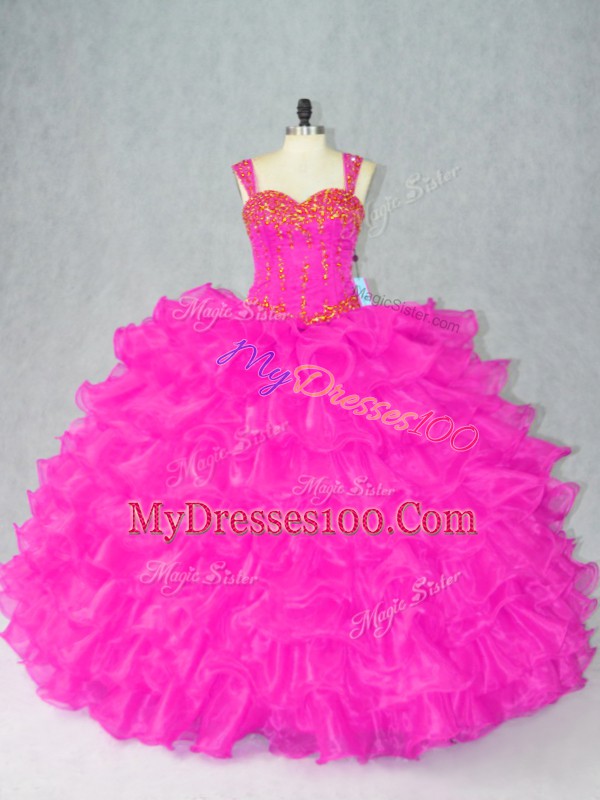 Glittering Beading and Ruffles Ball Gown Prom Dress Fuchsia Lace Up Sleeveless Floor Length