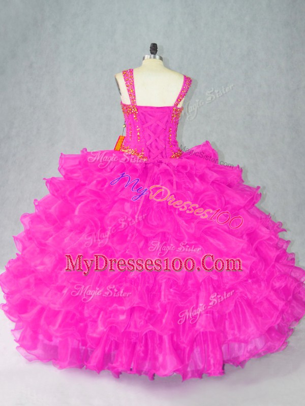 Glittering Beading and Ruffles Ball Gown Prom Dress Fuchsia Lace Up Sleeveless Floor Length
