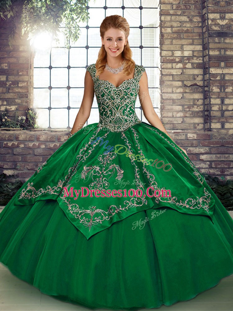 Chic Ball Gowns Sweet 16 Quinceanera Dress Green Straps Tulle Sleeveless Floor Length Lace Up