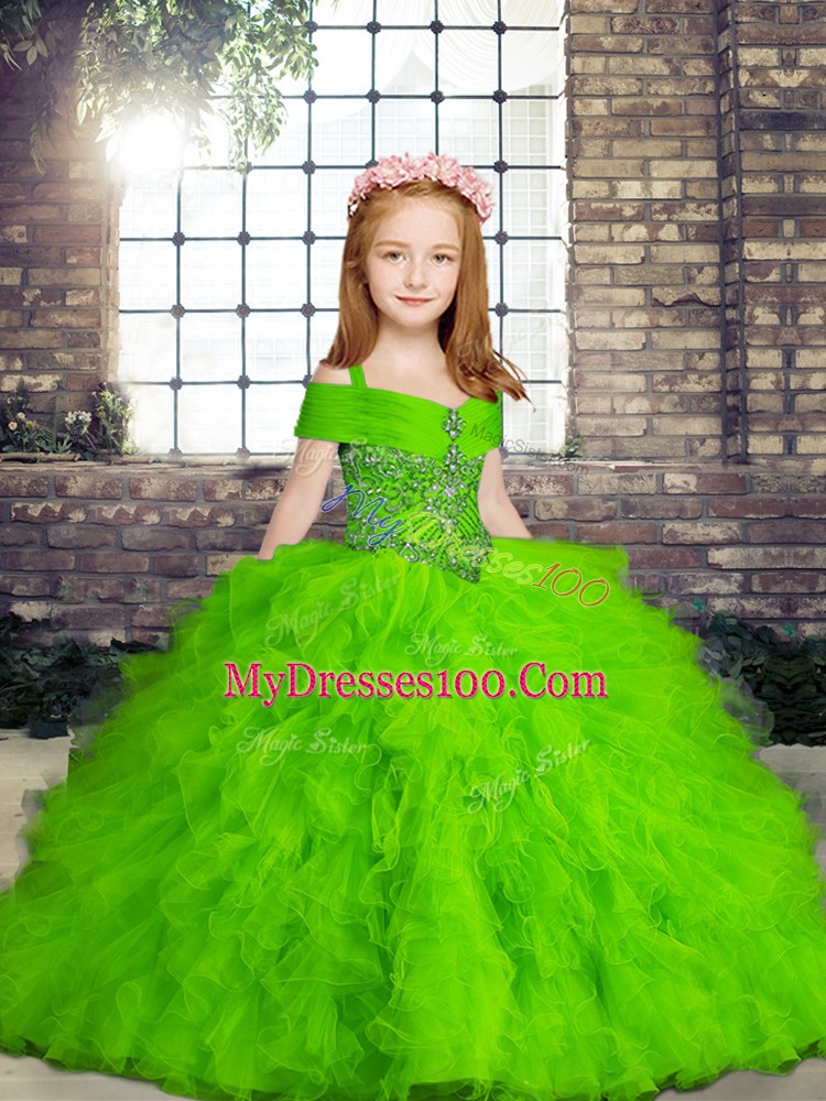 Tulle Lace Up Straps Sleeveless Floor Length Kids Formal Wear Beading