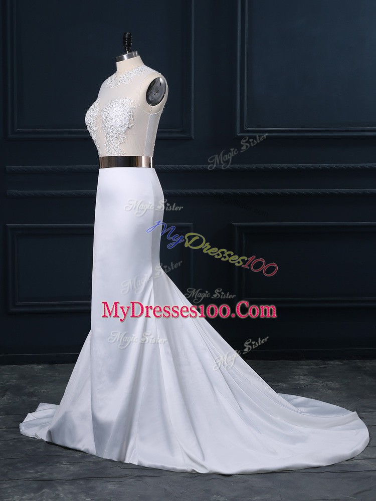 Edgy Elastic Woven Satin Scoop Sleeveless Brush Train Zipper Appliques and Sashes ribbons Wedding Gown in White
