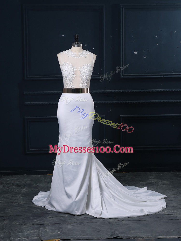 Edgy Elastic Woven Satin Scoop Sleeveless Brush Train Zipper Appliques and Sashes ribbons Wedding Gown in White