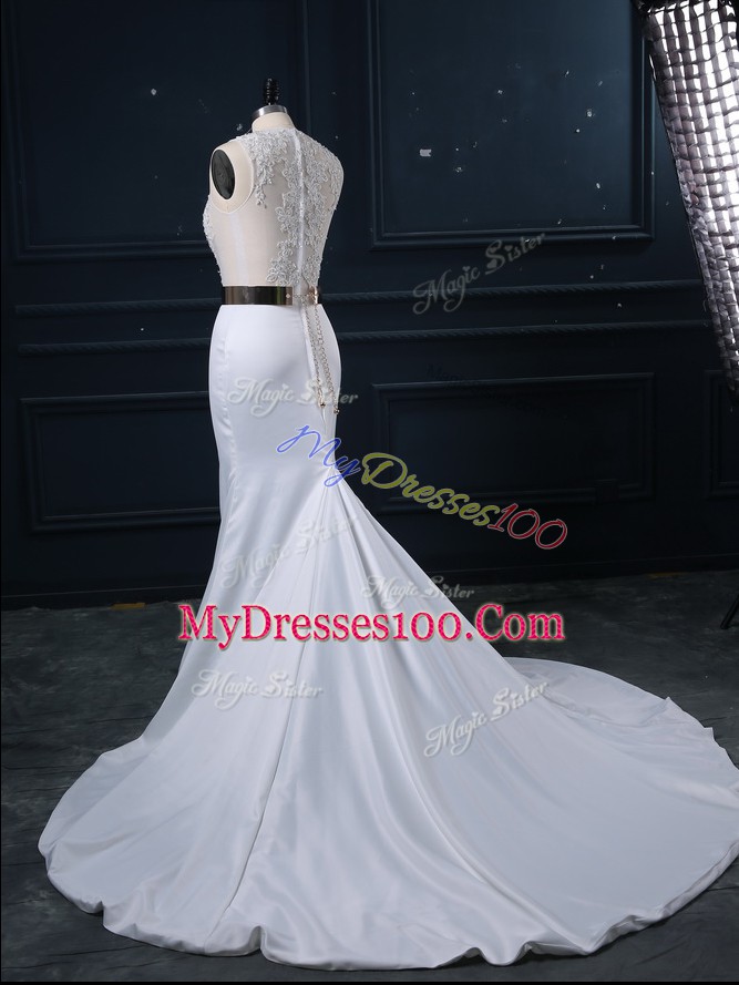 Edgy Elastic Woven Satin Scoop Sleeveless Brush Train Zipper Appliques and Sashes ribbons Wedding Gown in White