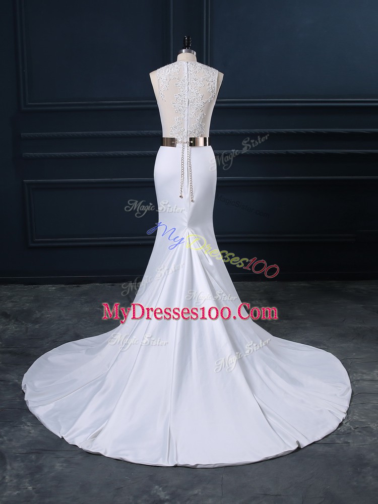 Edgy Elastic Woven Satin Scoop Sleeveless Brush Train Zipper Appliques and Sashes ribbons Wedding Gown in White