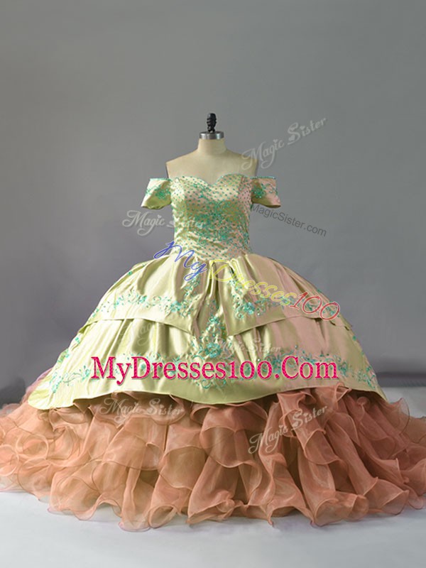 Sophisticated Organza Off The Shoulder Sleeveless Chapel Train Lace Up Embroidery and Ruffles 15th Birthday Dress in Multi-color