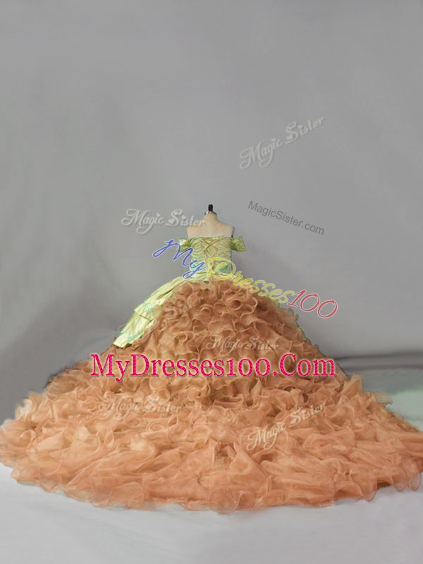 Sophisticated Organza Off The Shoulder Sleeveless Chapel Train Lace Up Embroidery and Ruffles 15th Birthday Dress in Multi-color