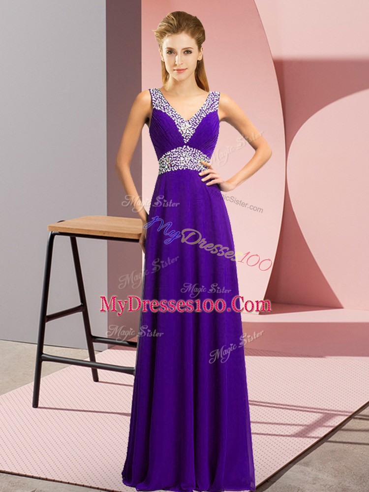 Modern Purple Prom Dresses Prom and Party with Beading V-neck Sleeveless Lace Up