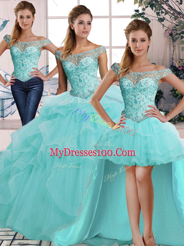 Aqua Blue Off The Shoulder Neckline Beading and Ruffles Quinceanera Gown Sleeveless Lace Up