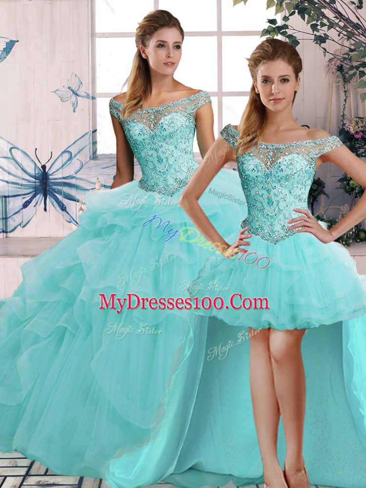 Aqua Blue Off The Shoulder Neckline Beading and Ruffles Quinceanera Gown Sleeveless Lace Up