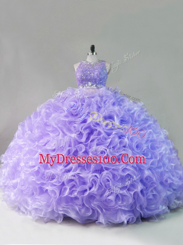 Modest Floor Length Lavender Vestidos de Quinceanera Fabric With Rolling Flowers Sleeveless Beading