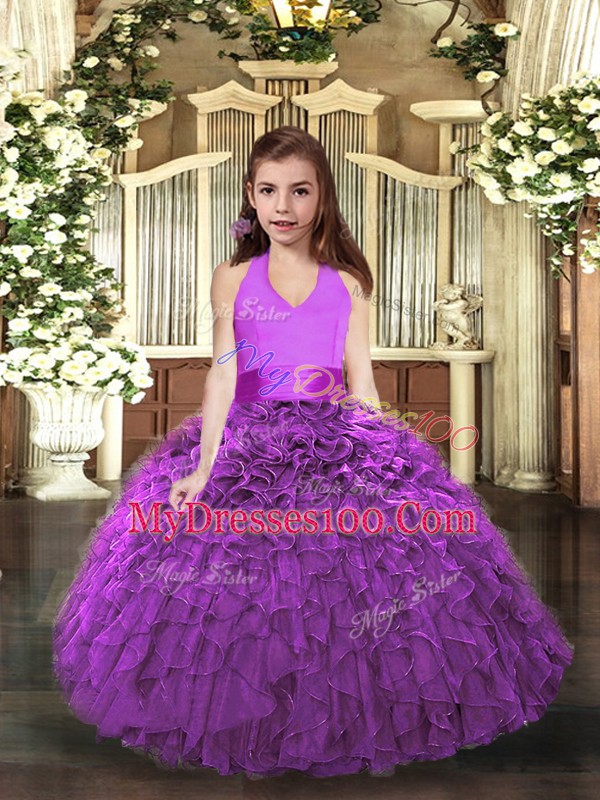 Hot Sale Halter Top Sleeveless Organza Little Girls Pageant Dress Wholesale Ruffles Lace Up