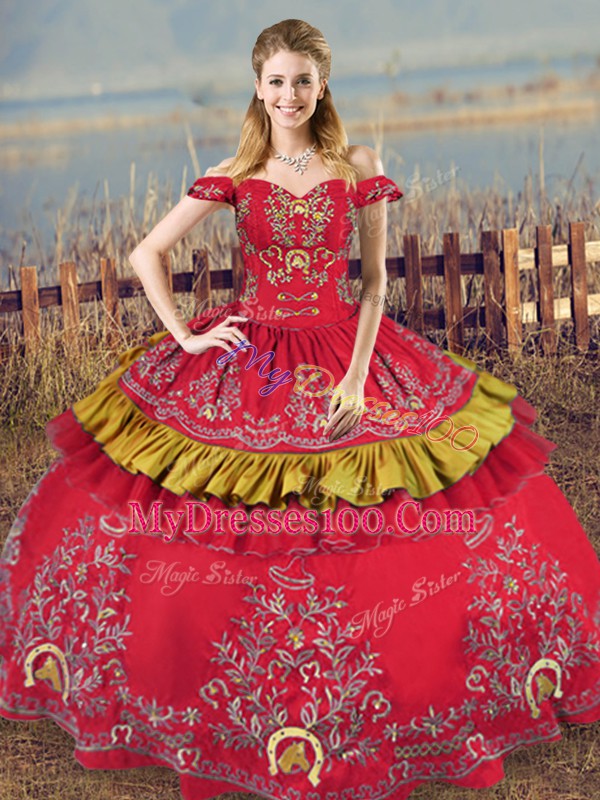 Superior Red Sleeveless Satin and Organza Lace Up Quince Ball Gowns for Sweet 16 and Quinceanera