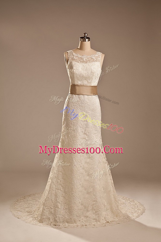 Elegant Column/Sheath Sleeveless White Wedding Dress Brush Train Backless