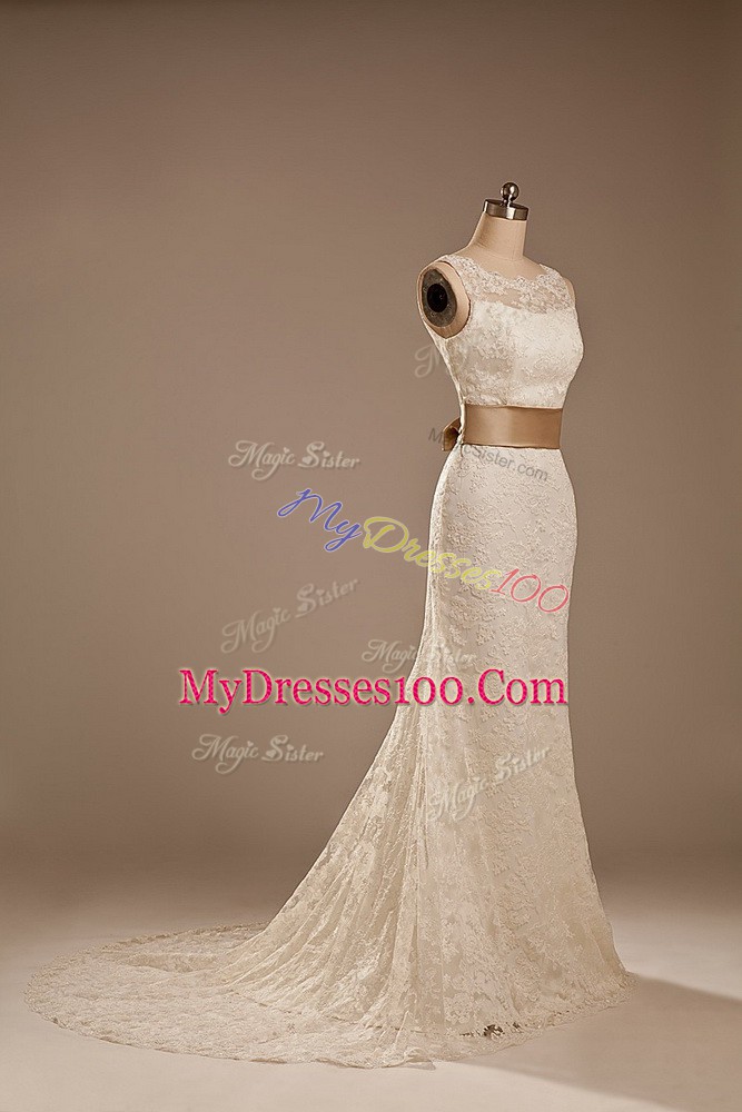 Elegant Column/Sheath Sleeveless White Wedding Dress Brush Train Backless