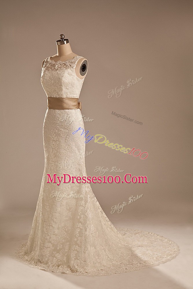 Elegant Column/Sheath Sleeveless White Wedding Dress Brush Train Backless