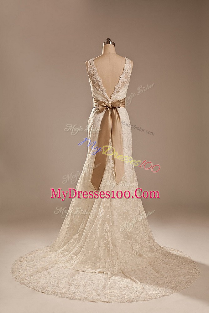 Elegant Column/Sheath Sleeveless White Wedding Dress Brush Train Backless