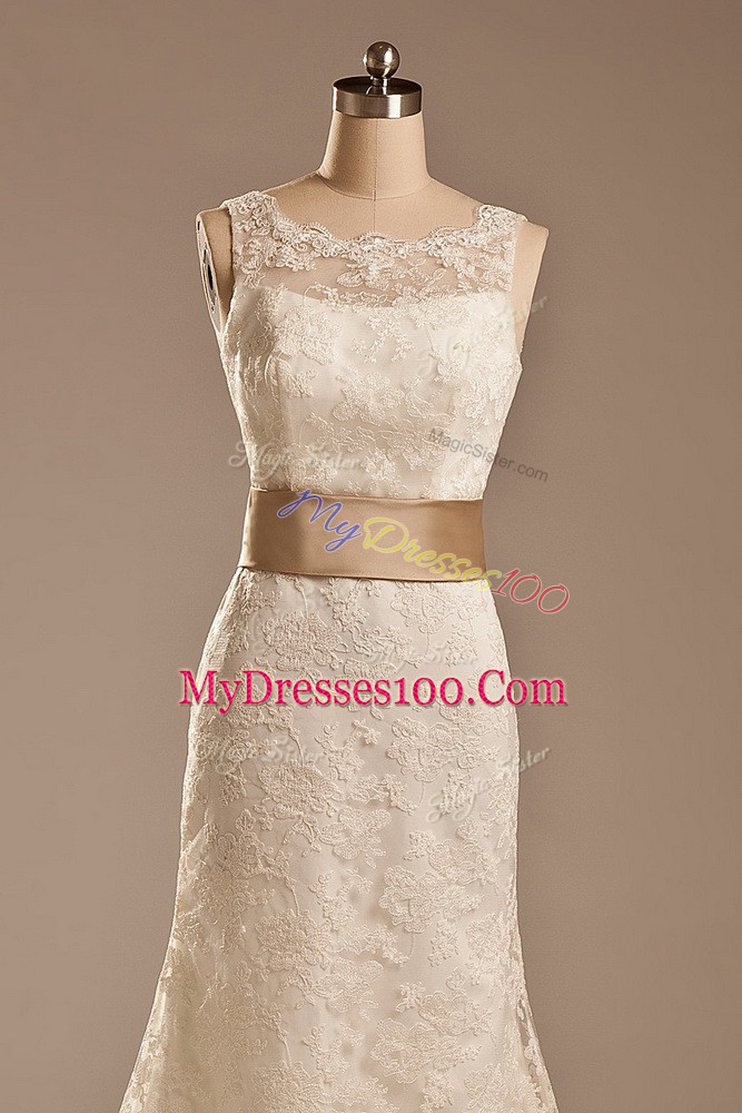 Elegant Column/Sheath Sleeveless White Wedding Dress Brush Train Backless