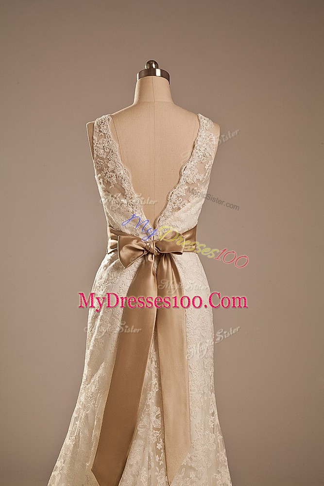 Elegant Column/Sheath Sleeveless White Wedding Dress Brush Train Backless
