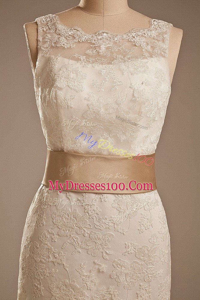 Elegant Column/Sheath Sleeveless White Wedding Dress Brush Train Backless