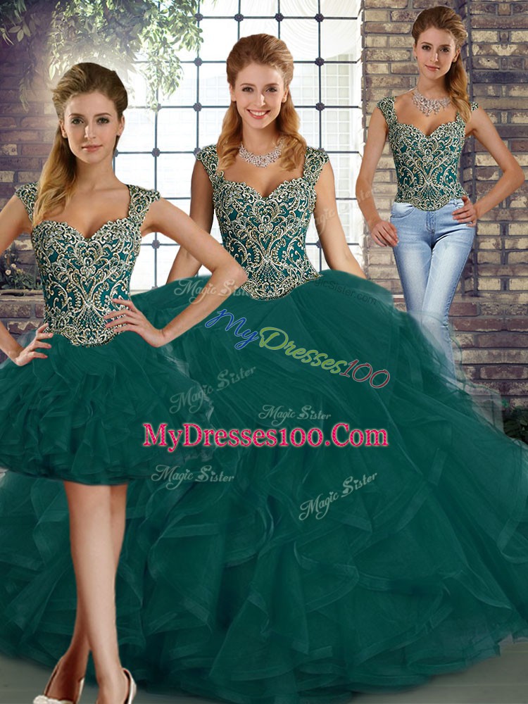 Peacock Green Sleeveless Beading and Ruffles Floor Length Quince Ball Gowns