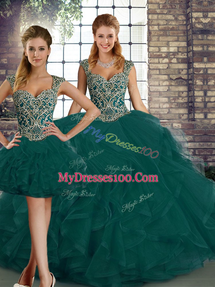 Peacock Green Sleeveless Beading and Ruffles Floor Length Quince Ball Gowns