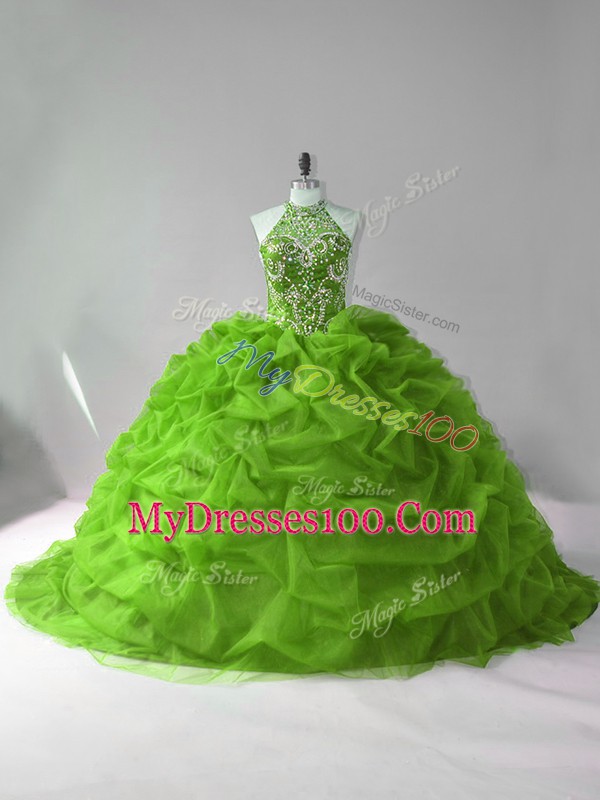 Admirable Green Sleeveless Beading and Pick Ups Lace Up Quinceanera Gown