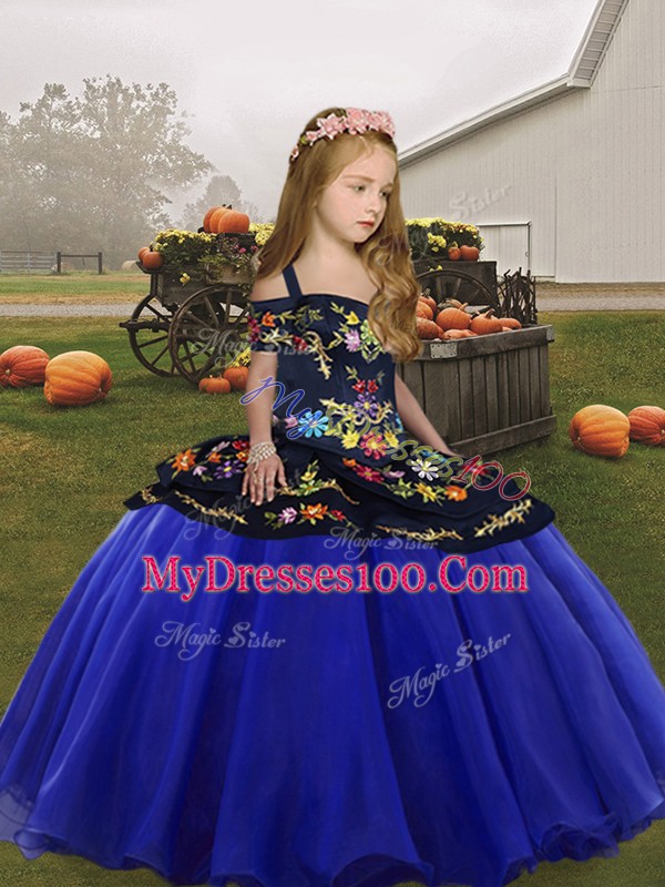 Super Royal Blue Lace Up Spaghetti Straps Embroidery and Ruffles Little Girls Pageant Dress Organza Sleeveless