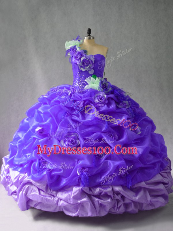 Eye-catching Floor Length Lace Up Quinceanera Gowns Purple for Sweet 16 and Quinceanera with Pick Ups and Hand Made Flower