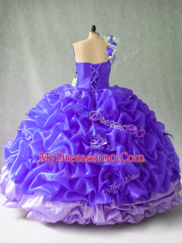 Eye-catching Floor Length Lace Up Quinceanera Gowns Purple for Sweet 16 and Quinceanera with Pick Ups and Hand Made Flower
