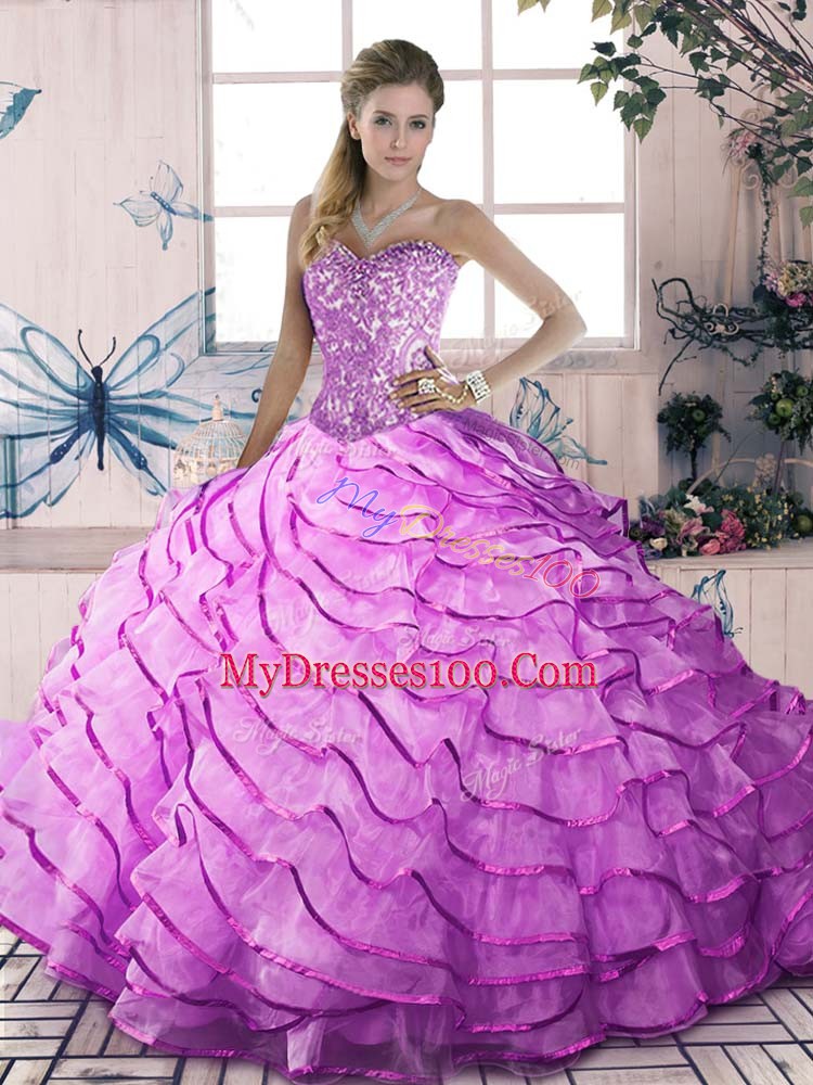 Flare Beading and Ruffles Sweet 16 Quinceanera Dress Lilac Lace Up Sleeveless Brush Train
