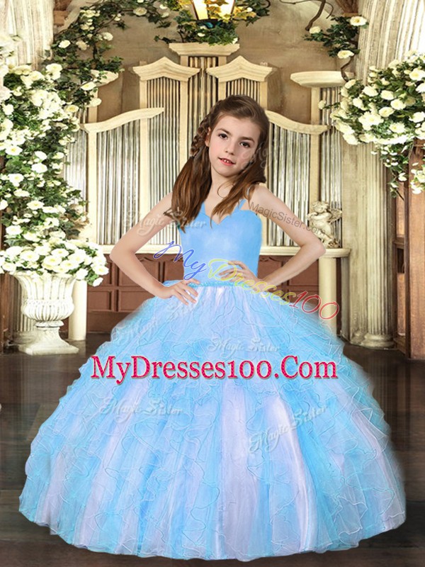 Custom Made Straps Sleeveless Girls Pageant Dresses Floor Length Ruffles Aqua Blue Tulle
