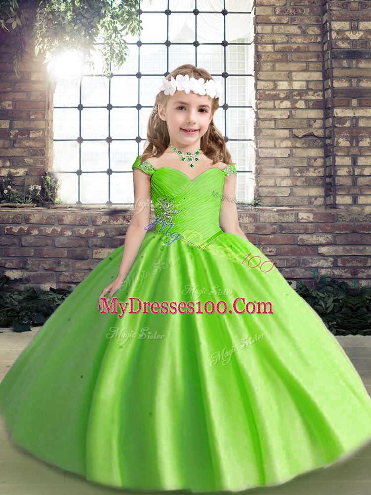 Tulle Lace Up Evening Gowns Sleeveless Floor Length Beading and Ruching