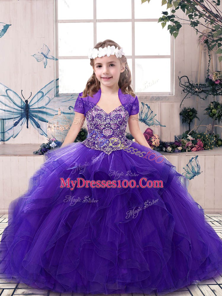 Purple Lace Up Straps Beading High School Pageant Dress Tulle Sleeveless