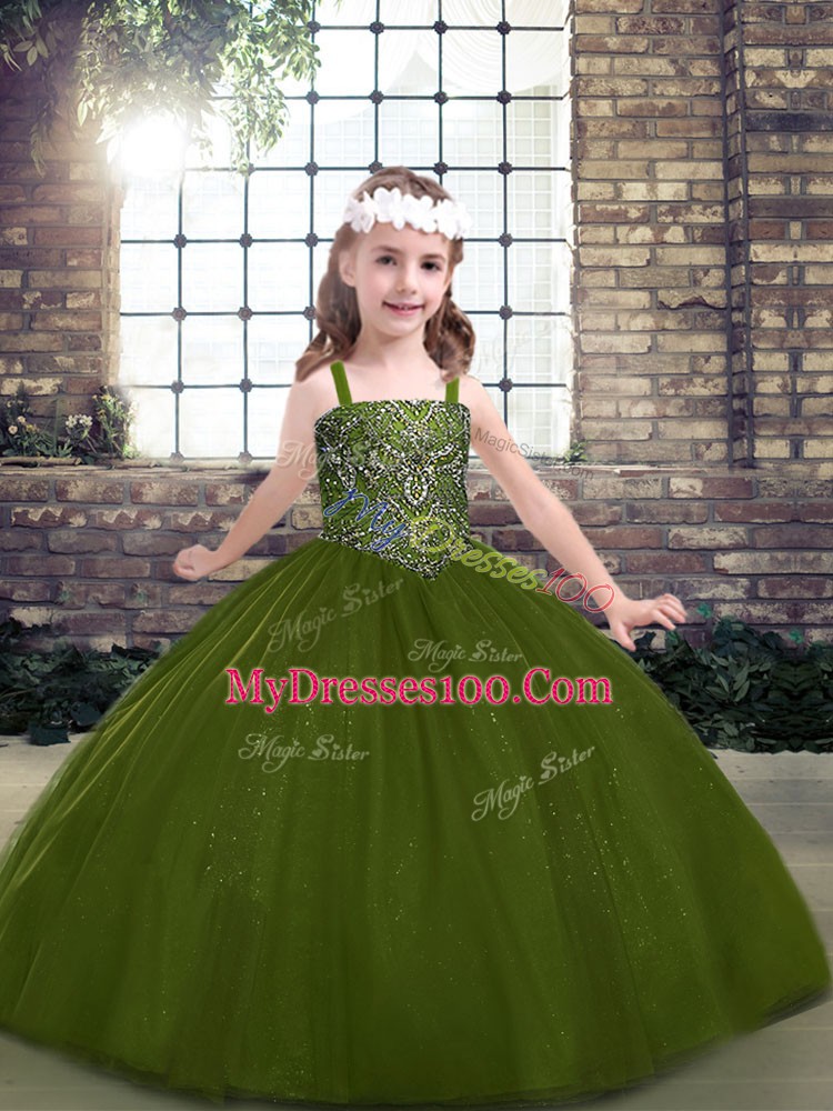 Simple Floor Length Olive Green Child Pageant Dress Tulle Sleeveless Beading