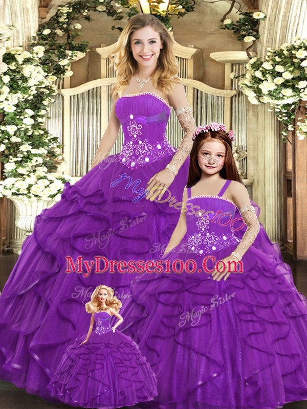 Superior Purple Ball Gowns Tulle Strapless Sleeveless Beading and Ruffles Floor Length Lace Up 15 Quinceanera Dress