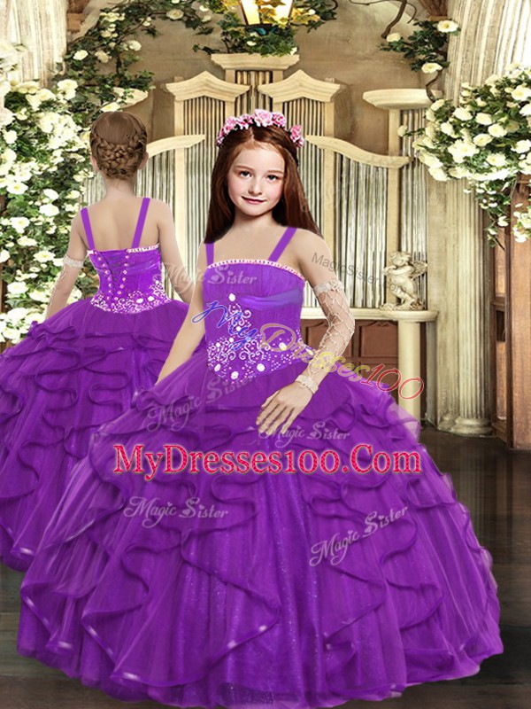 Superior Purple Ball Gowns Tulle Strapless Sleeveless Beading and Ruffles Floor Length Lace Up 15 Quinceanera Dress