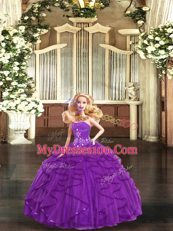 Superior Purple Ball Gowns Tulle Strapless Sleeveless Beading and Ruffles Floor Length Lace Up 15 Quinceanera Dress