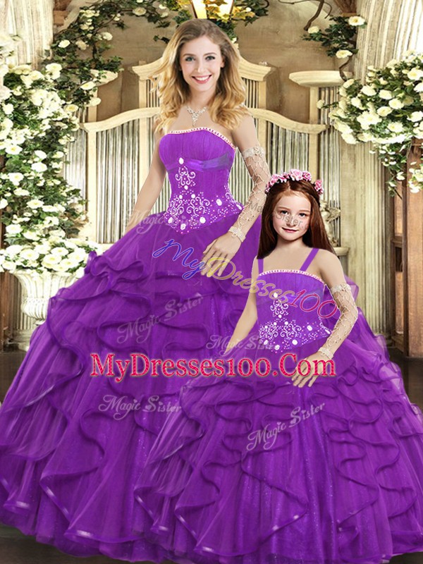 Superior Purple Ball Gowns Tulle Strapless Sleeveless Beading and Ruffles Floor Length Lace Up 15 Quinceanera Dress