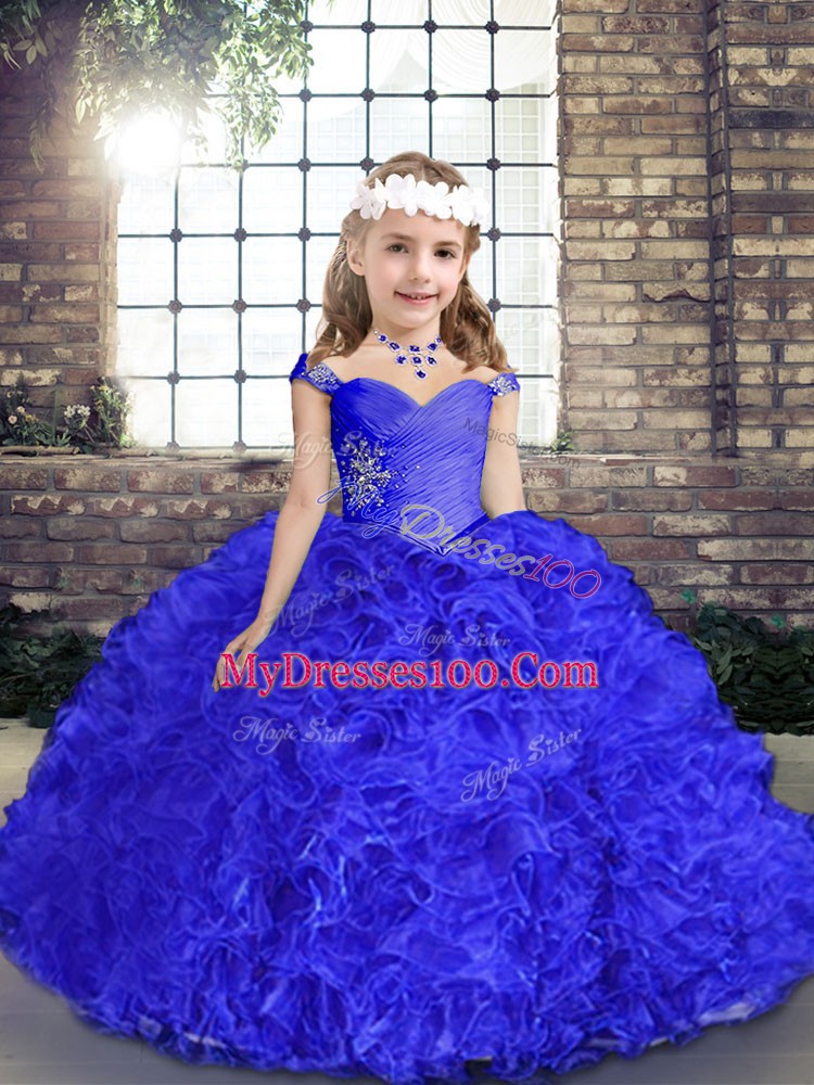 Best Royal Blue Ball Gowns Fabric With Rolling Flowers Straps Sleeveless Beading Floor Length Lace Up Little Girl Pageant Dress